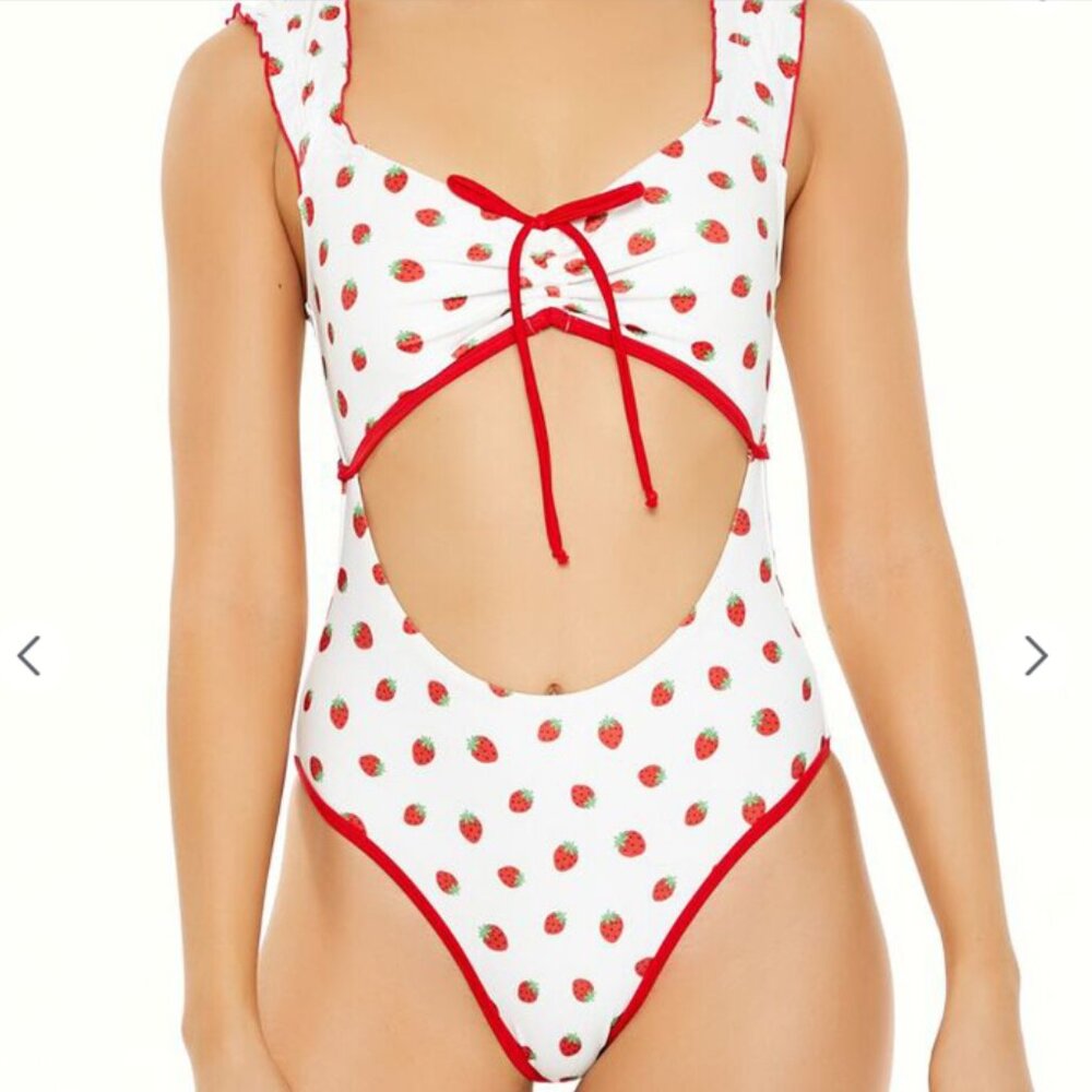 Strawberry Ruffle-Sleeve Monokini One-Piece Swimsuit